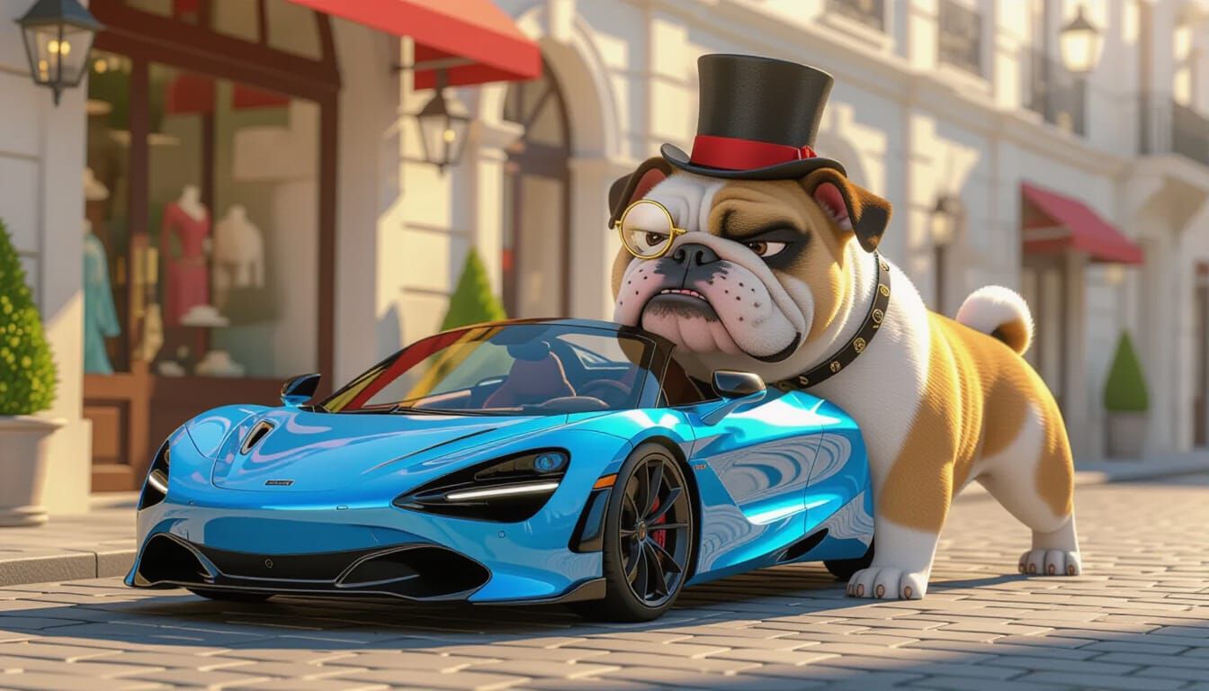 Grumpy Bulldog Drives McLaren in Cartoon Style