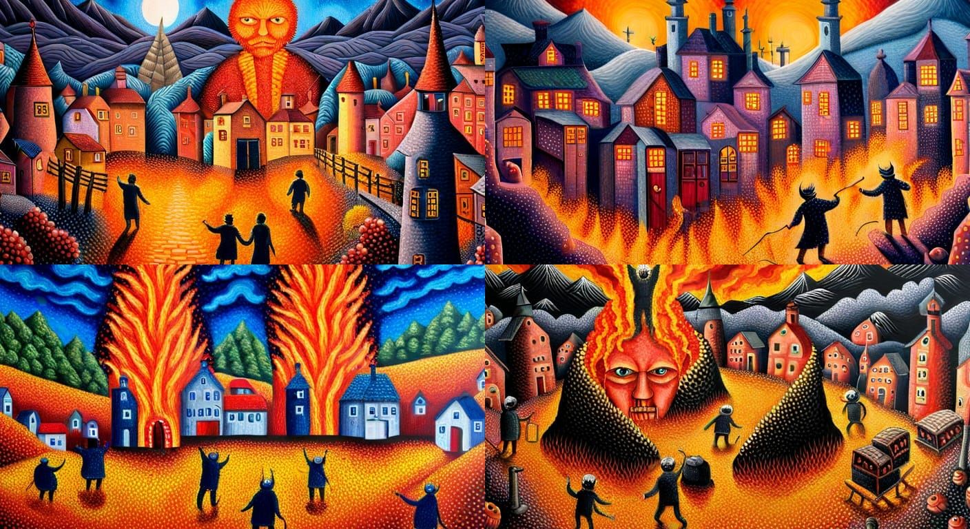 Demonic Village with Burning Wickerman in Pointillism