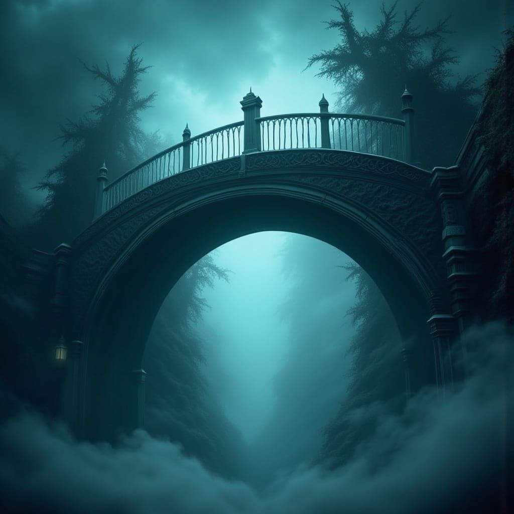 Gothic Bridge Vanishes into Dark Clouds Fog