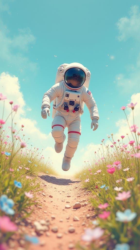 Astronaut Running on a Vibrant Oil-Painted Landscape with Co...