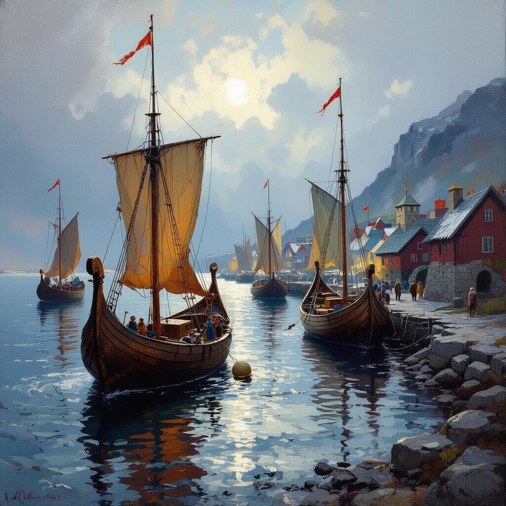 Viking Port Scene: Oil Painting with Dramatic Lighting