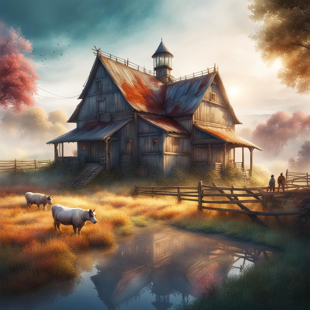 Watercolor Farm in Double Exposure: Fantasy Art