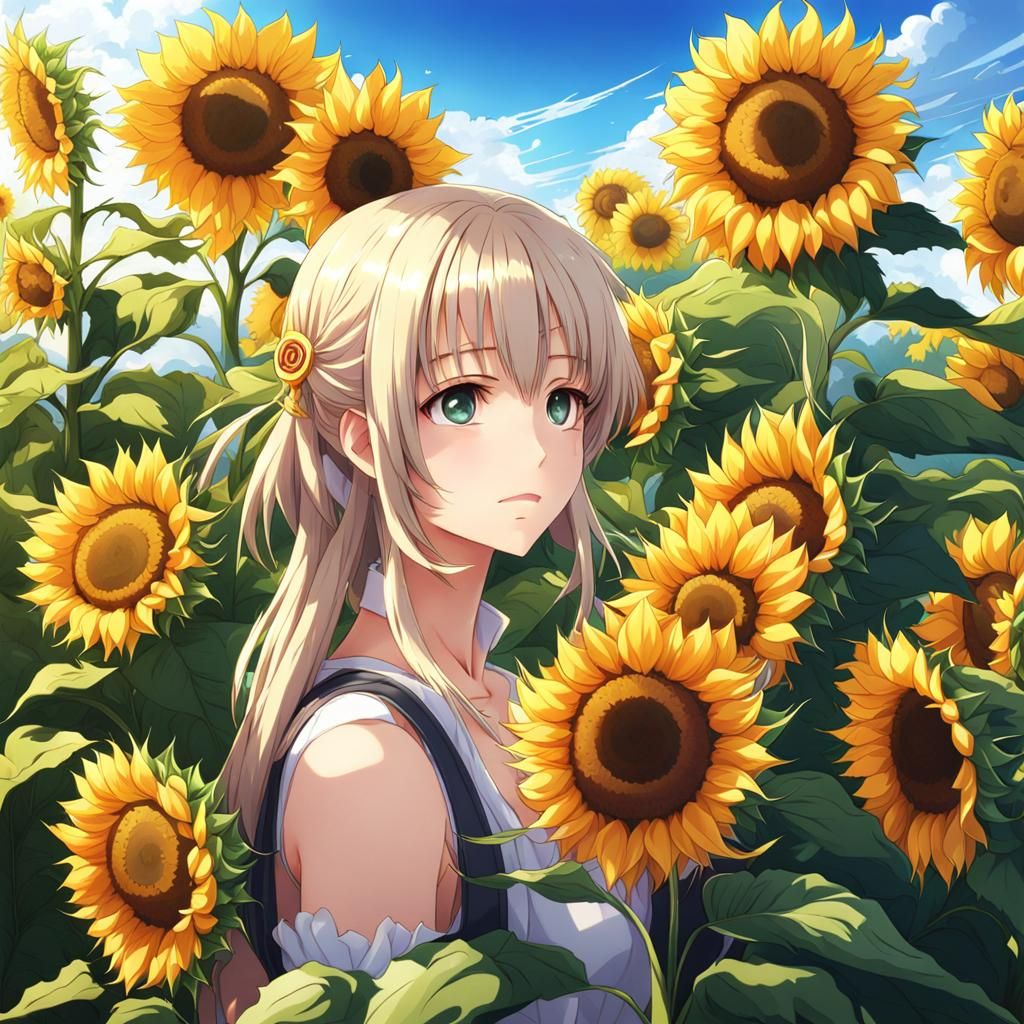 Metallic Sunflowers in Anime Key Visual Style