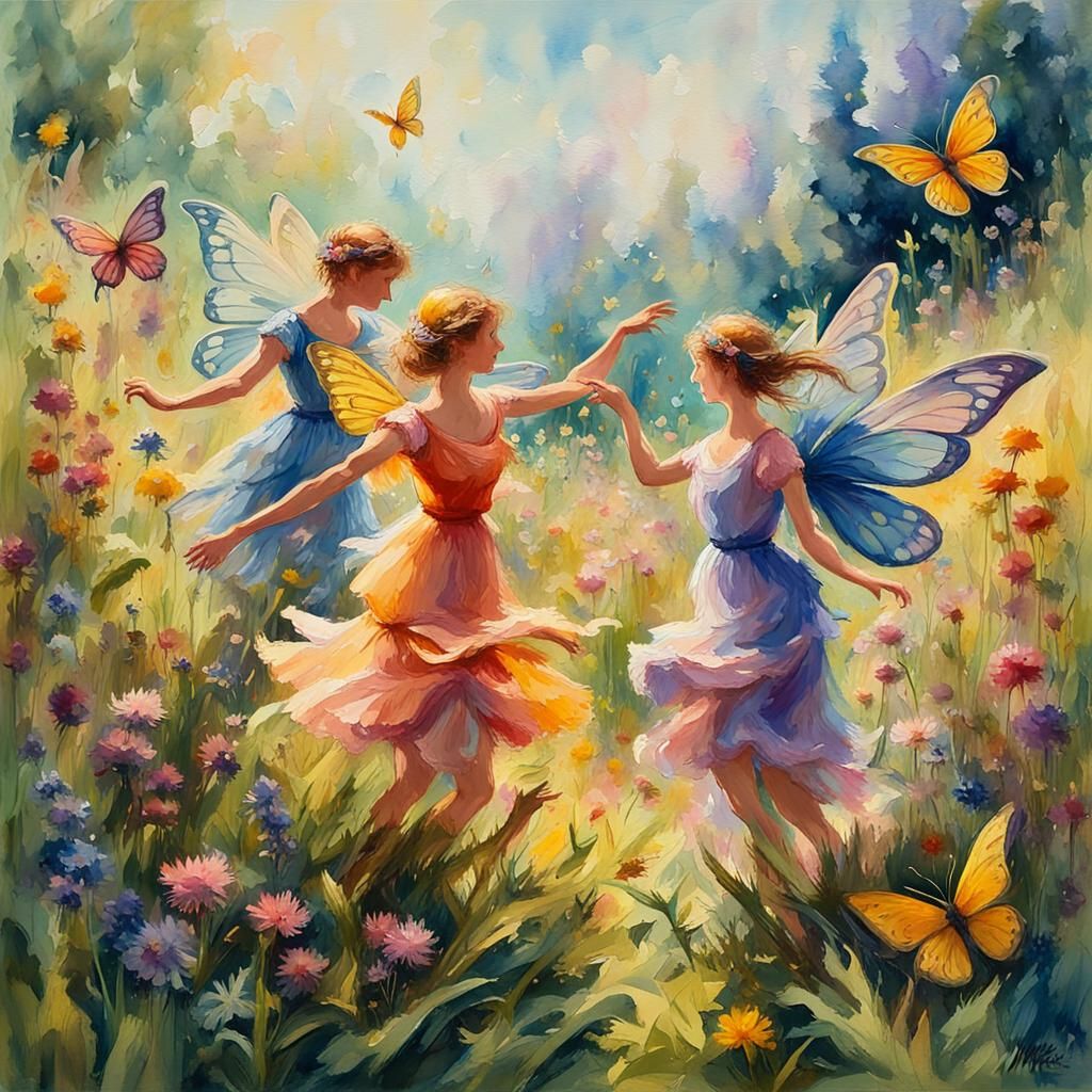 Fairies and Butterflies Dancing: Impressionist Gouache Paint...