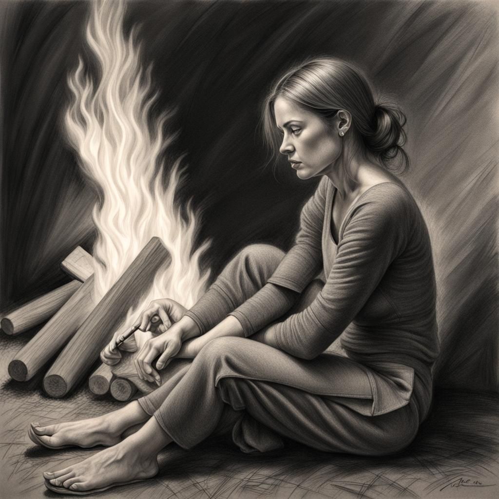 Hyperdetailed Charcoal Drawing of Woman by Fire