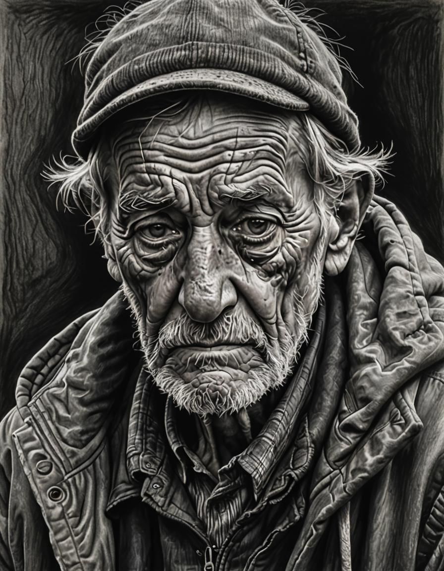 Sad Homeless Man: Hyperrealistic Charcoal Drawing