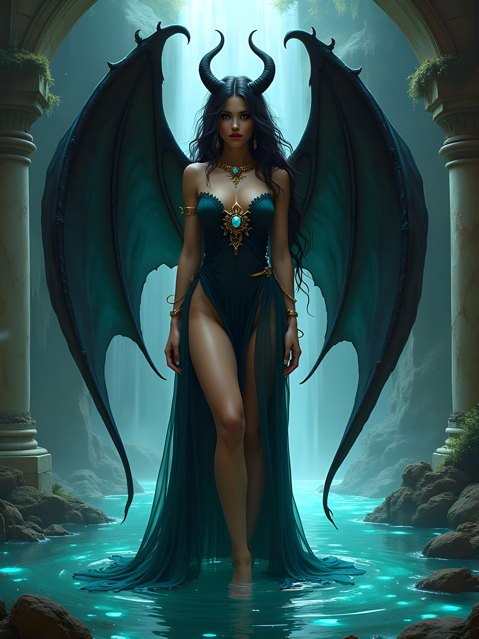Seductive Winged Succubus in Bioluminescent Pool