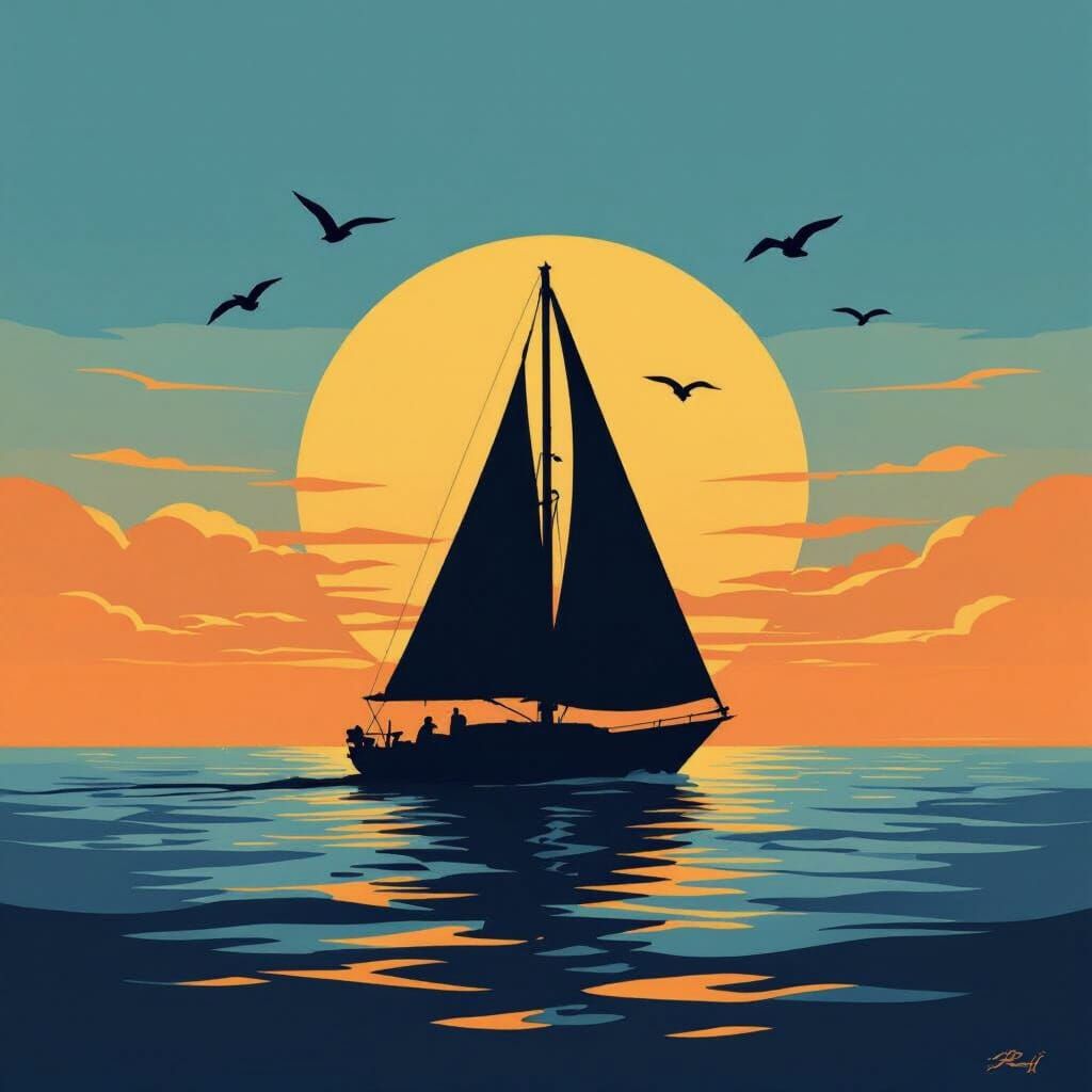 Minimalist Sailboat Silhouette at Sunset Over Stylized Sea