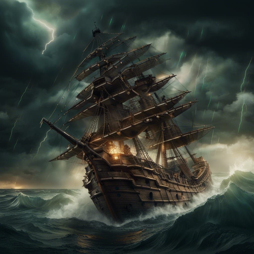 Pirate Ship Amidst Storm with Dragons, Digital Painting