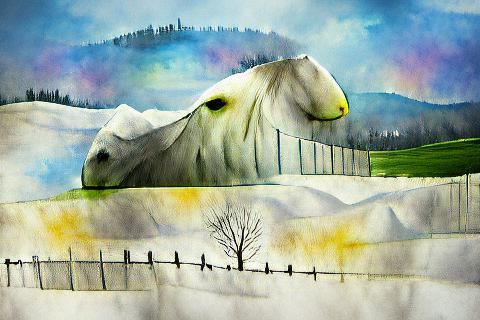 White Horse in Snowy Field: Minimalist Watercolor
