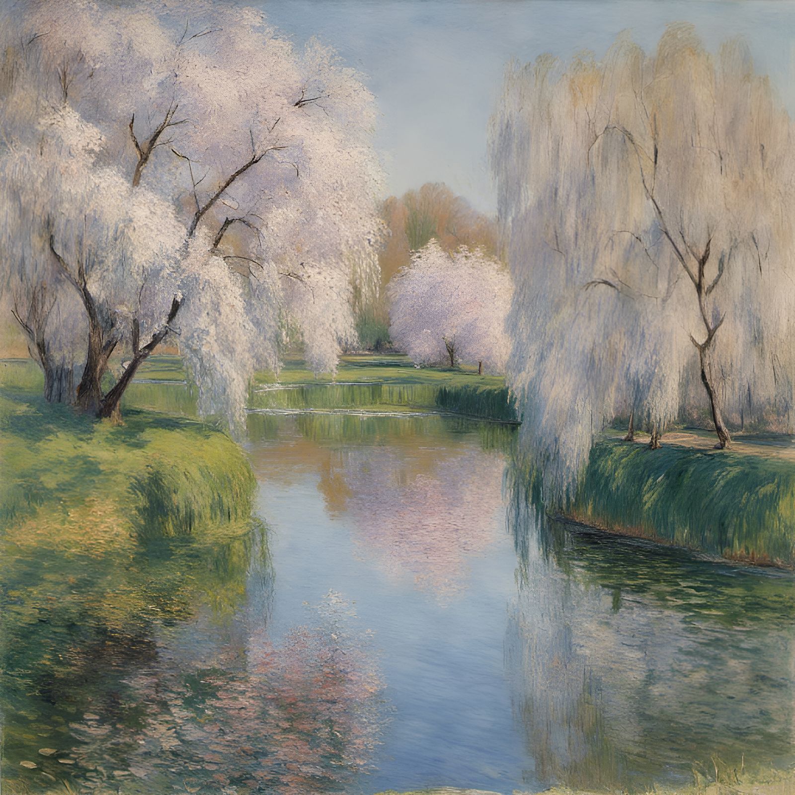 Impressionist Cherry Trees Reflect on Pond
