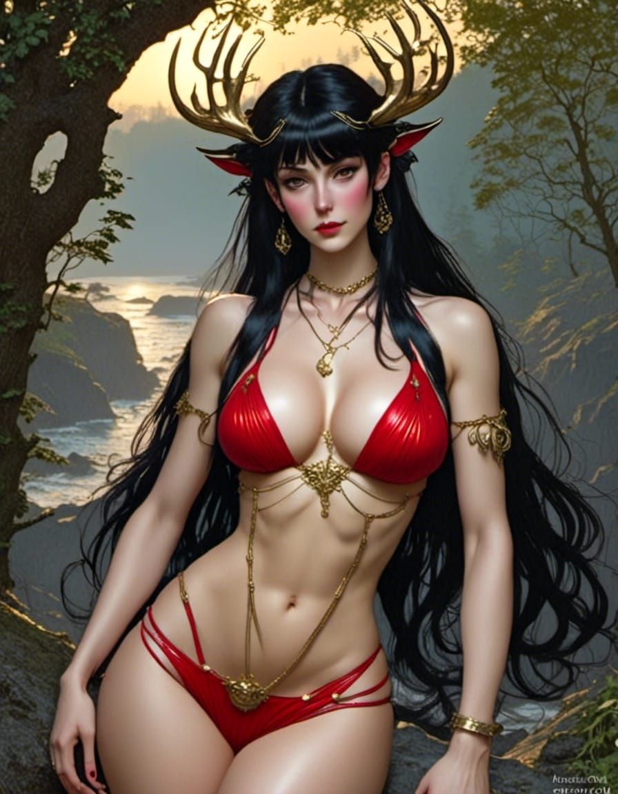 Antlered Woman on Rocky Shore in Comic Style