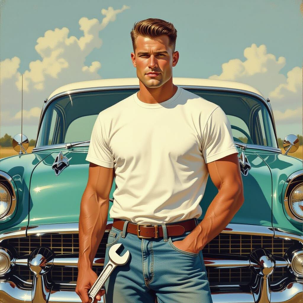 Nostalgic Portrait of Man with Classic Car, Photorealistic A...