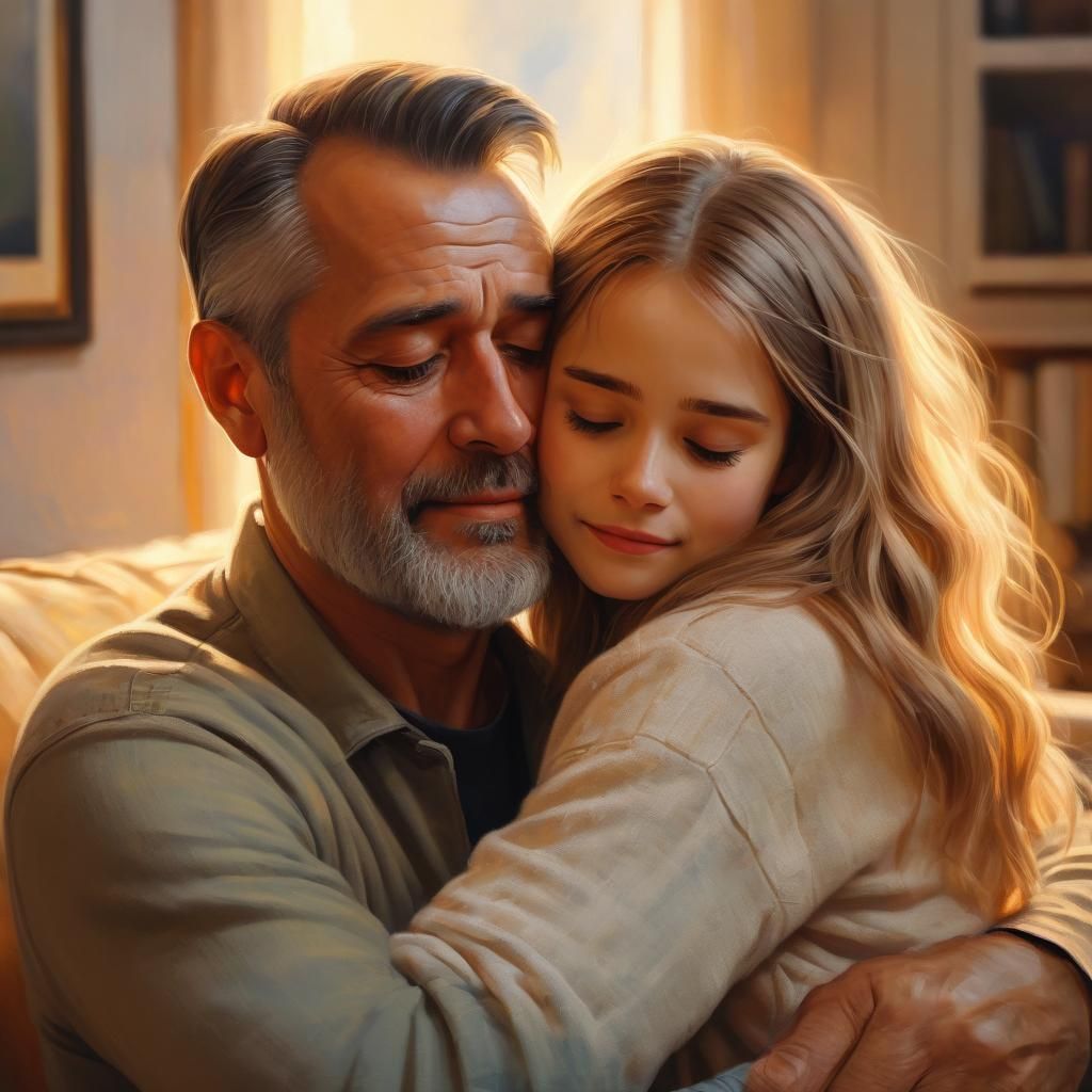 Heartwarming Father-Daughter Embrace as Oil Painting
