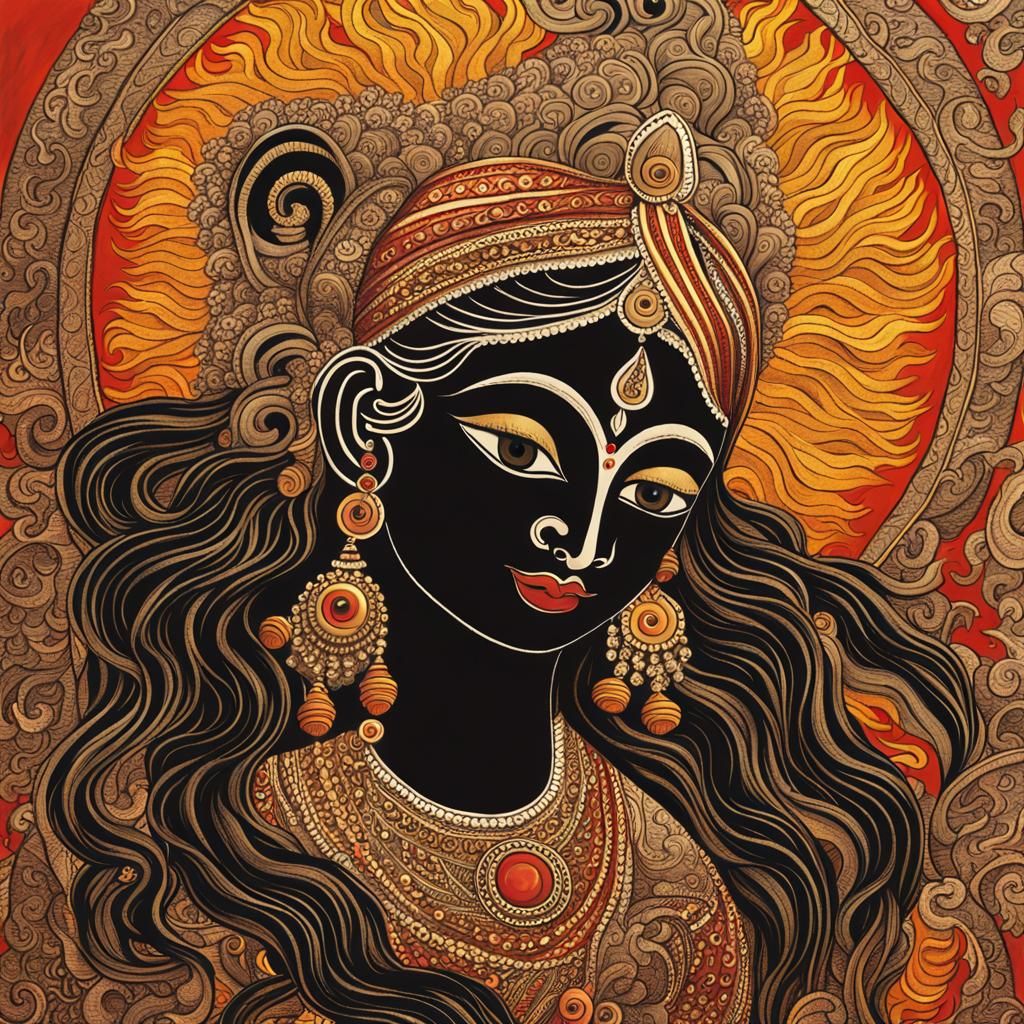 Kalamkari Painting of Kali Ma in Flames