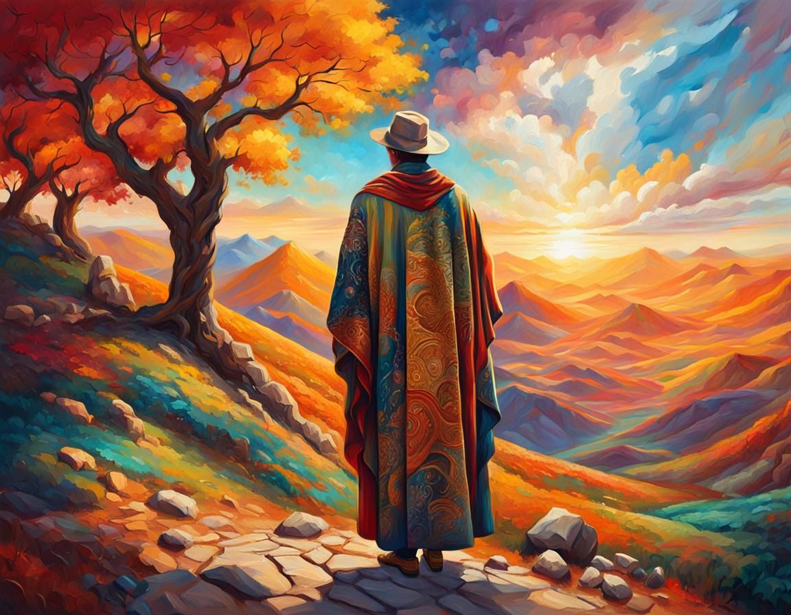 Person in Robes Before Fantastical Landscape: Oil Painting