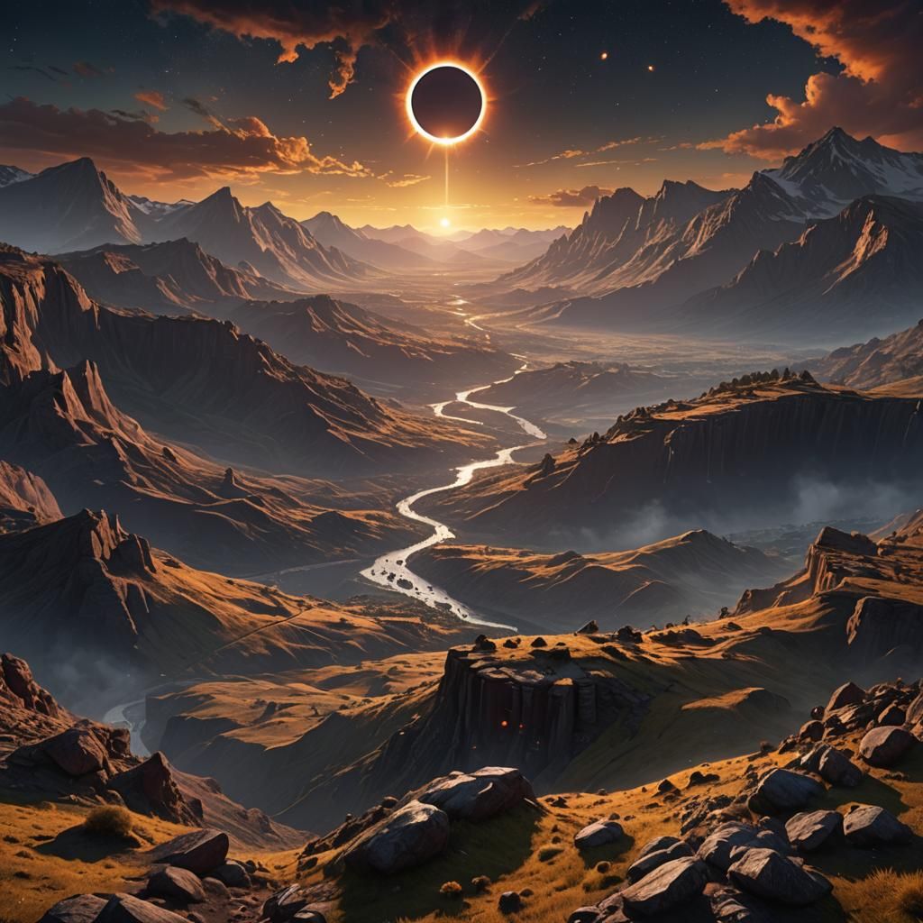 Valley Solar Eclipse: Detailed Matte Painting