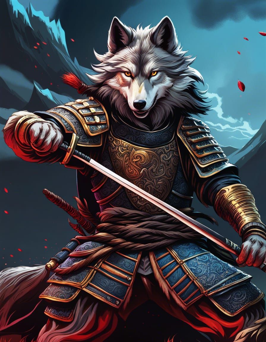 Epic Samurai Wolf in Impasto Style