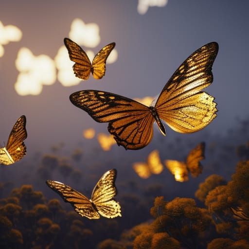 Golden Butterflies in Flight: Hyperdetailed Concept Art