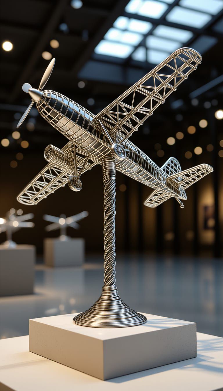 Delicate Wire Airplane Sculpture on Minimalist Pedestal