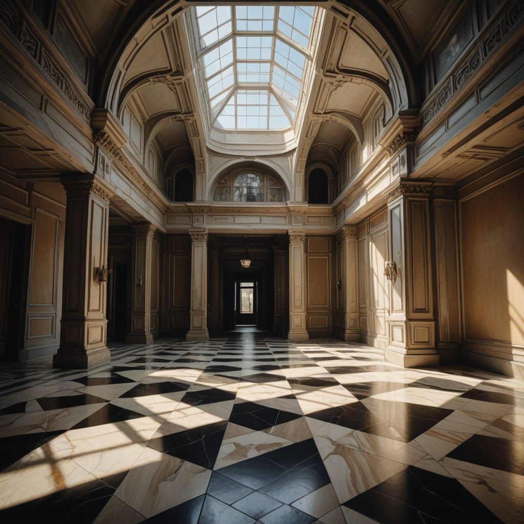 Angular Oil Painting Of A Sloping Marble Hall