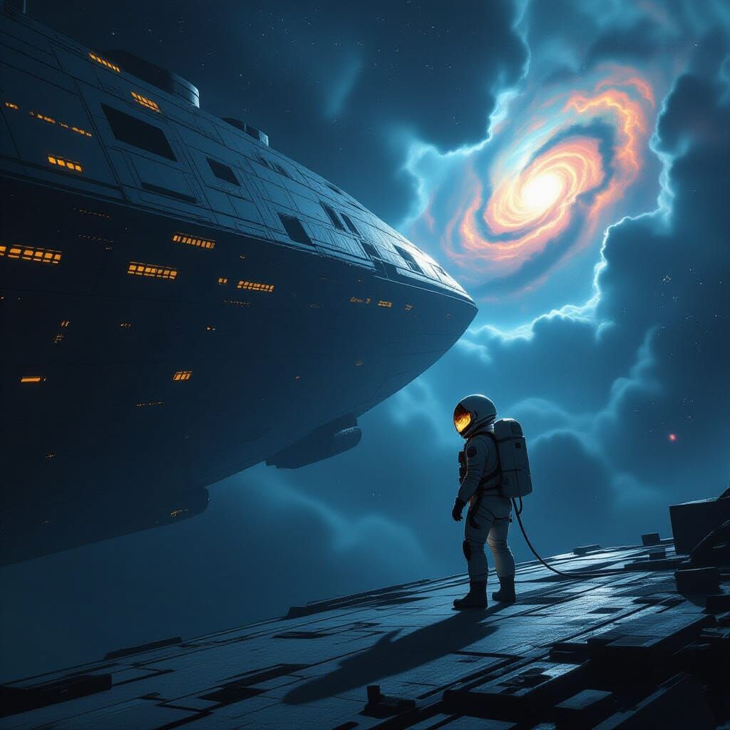 Astronaut Adrift Near Ancient Spaceship in Nebula