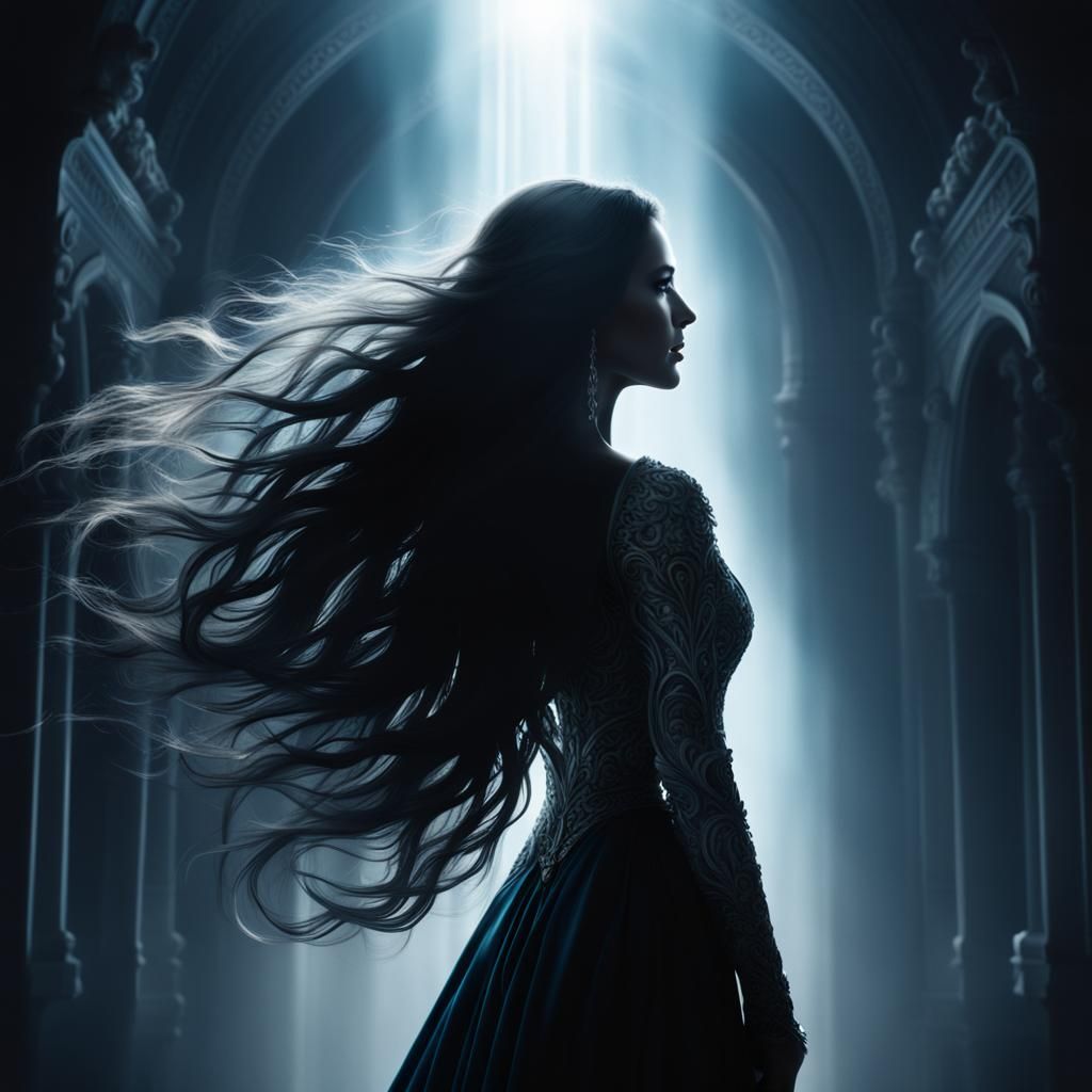 Beautiful long dark hair woman silhouette with grays and whites with light bluish light shining from above