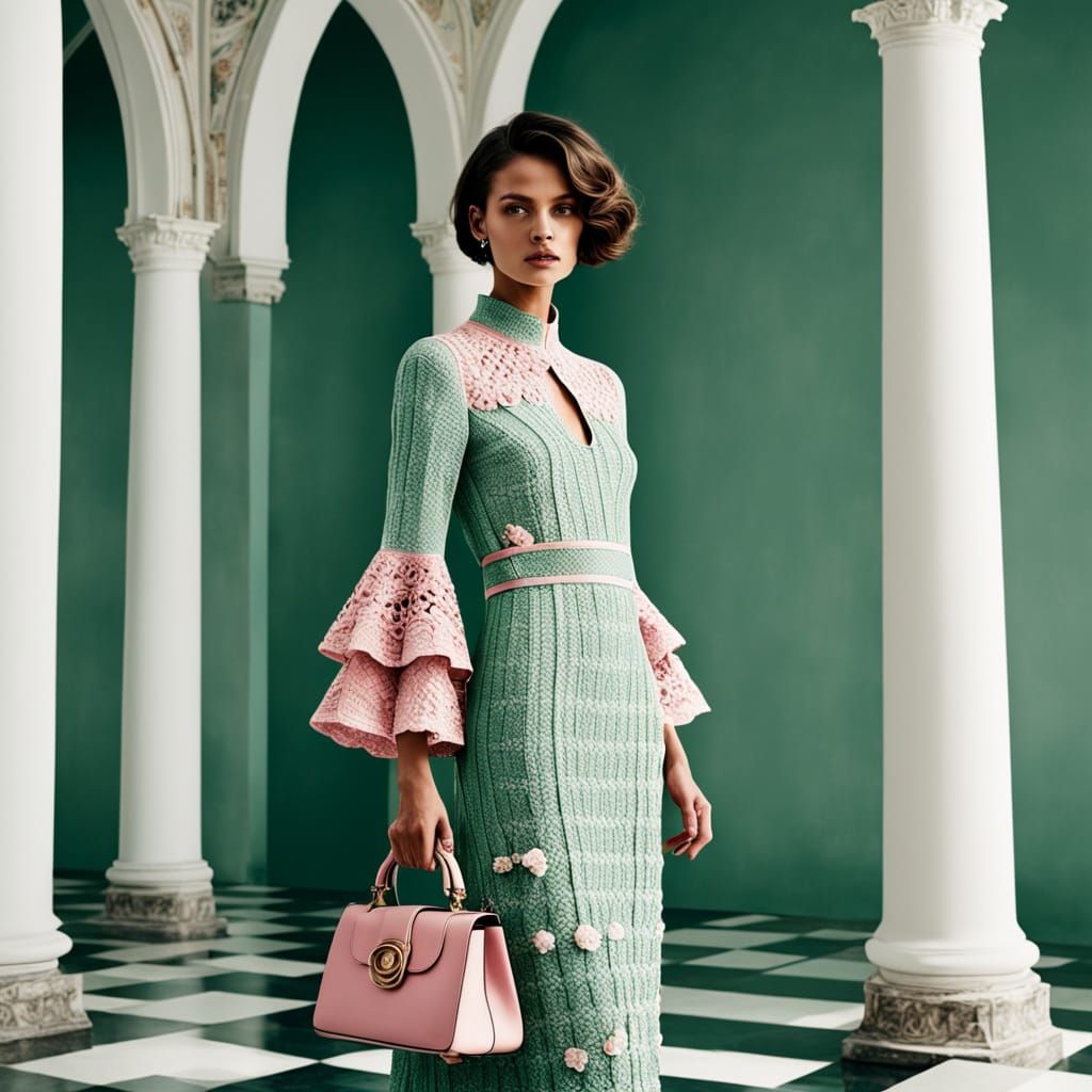 Elegant Woman in Intricately Crocheted Maxi Dress