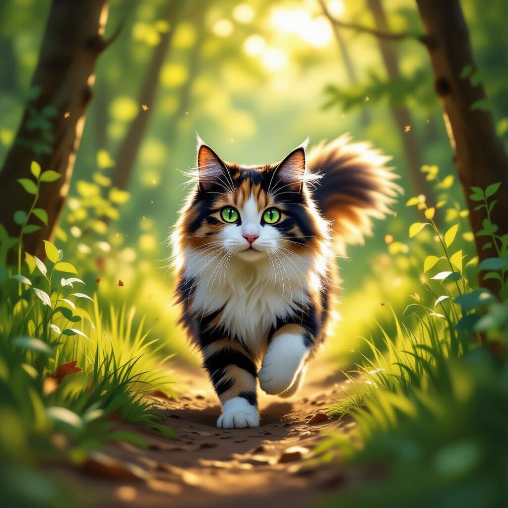 Fluffy Calico Cat Running in Sunlit Forest