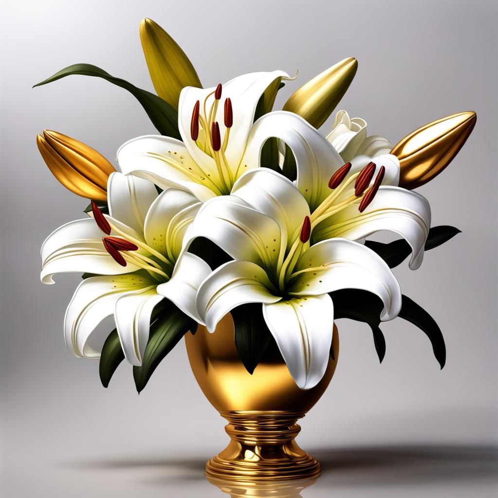 Hyperrealistic Lilies in Golden Vase