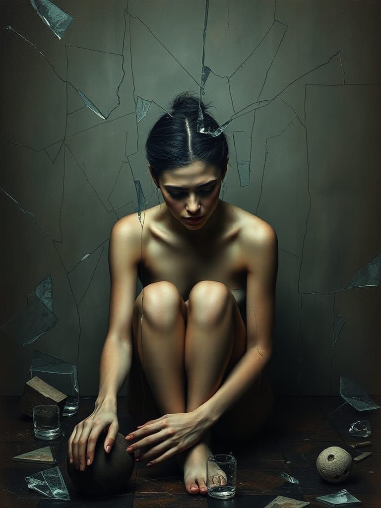 Sorrowful Woman in Shattered Remains: Expressionist Portrait