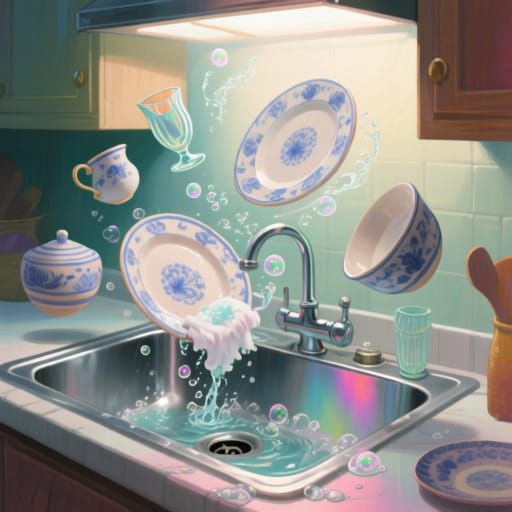 Magical Self-Washing Dishes in a Surreal Kitchen