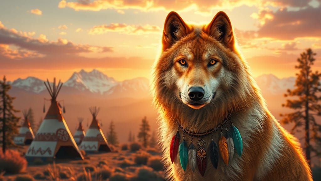 Golden Wolf Contemplates Mystical Native American Landscape