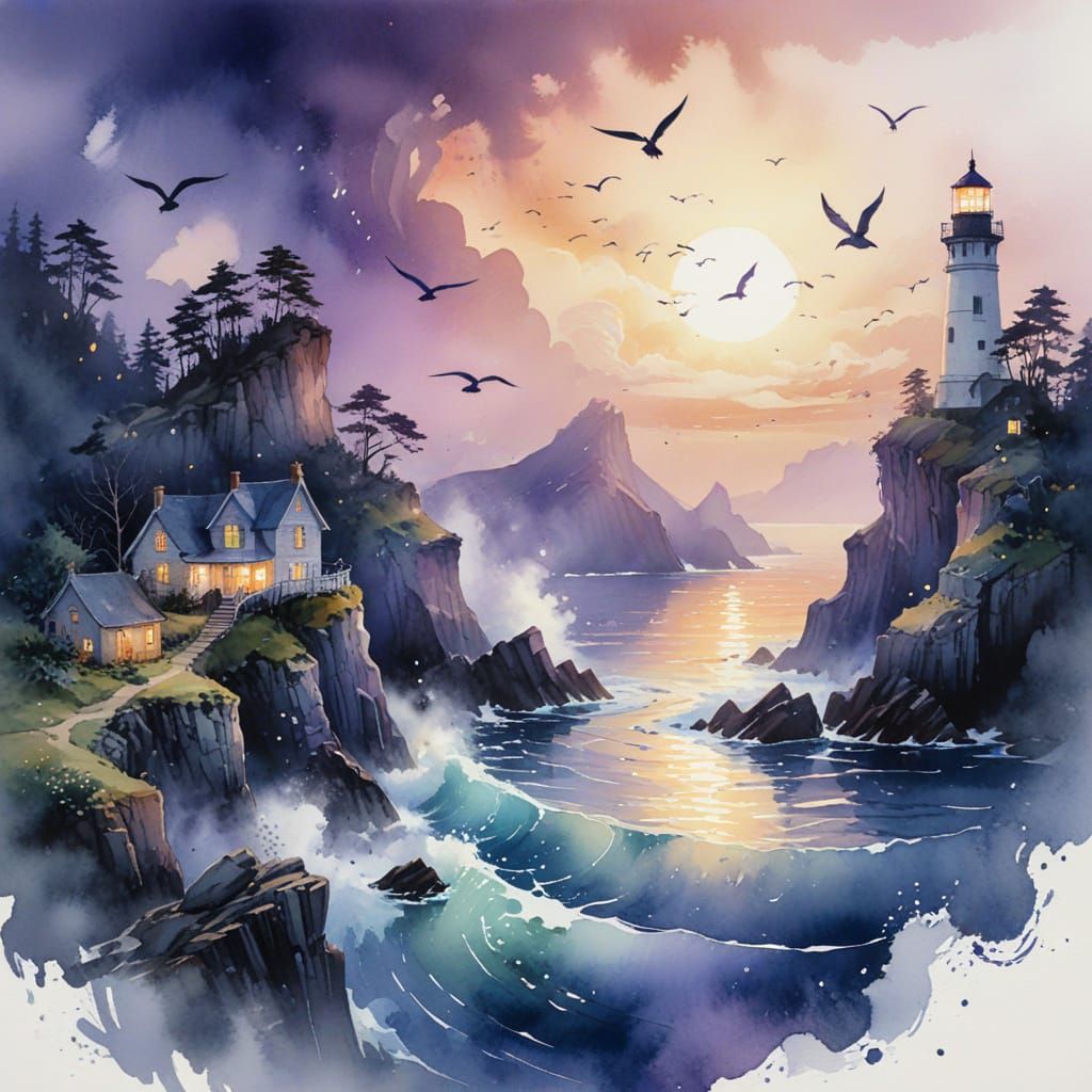 Surreal Coastal Haven in Wet-on-Wet Watercolor