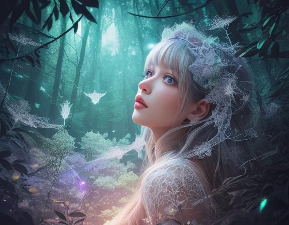 Dreamy Spiderweb in Starry Forest Digital Illustration