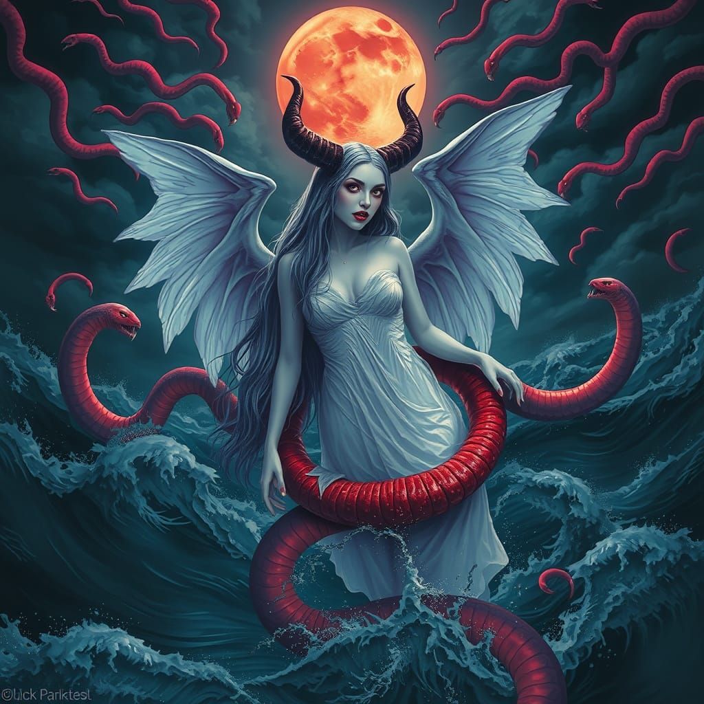 Gothic Goddess in Stormy Ocean of Red Lips