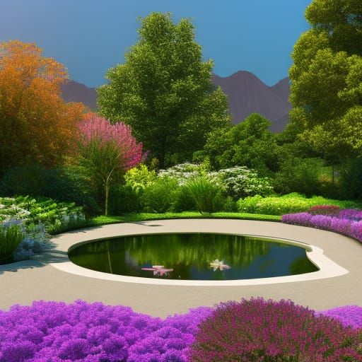 Realistic Garden with Pond and Mountain View