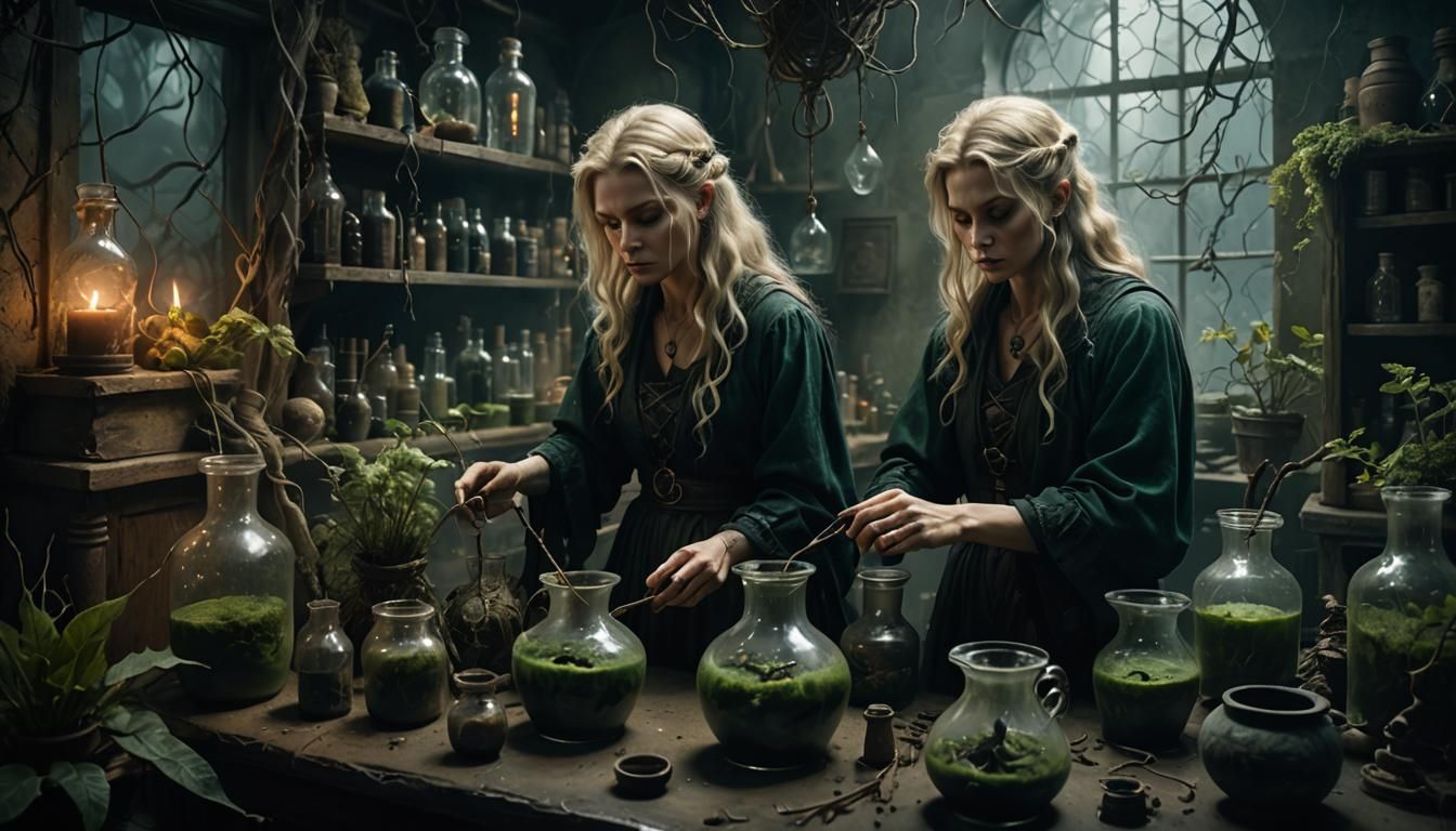 Blonde Witch Creates Potions in Dark Fantasy Laboratory