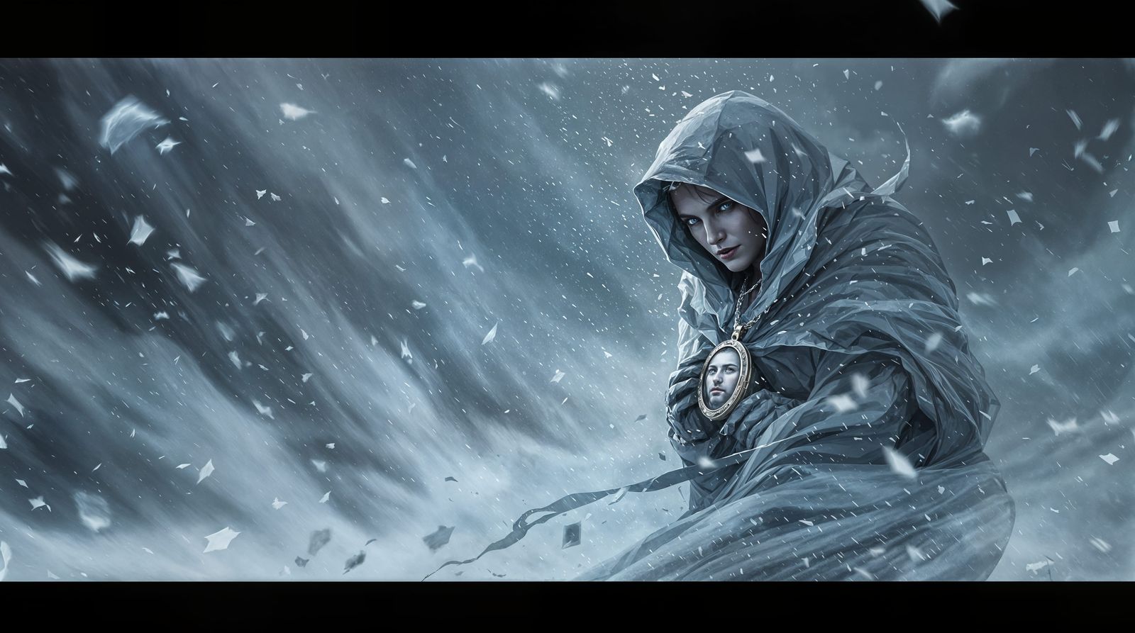 Ethereal Figure Clings to Faded Locket in Turbulent Snowstor...