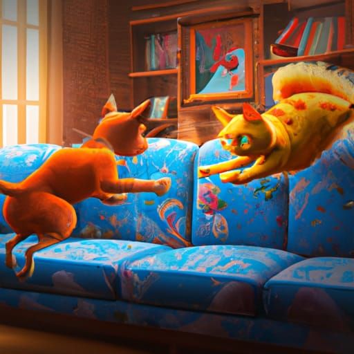 Cartoon Cat and Dog Chase Scene in Detailed Painting