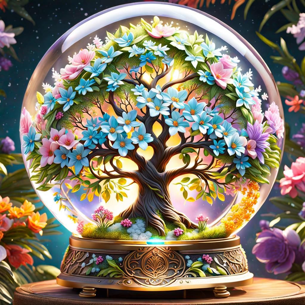 Floral Tree of Life in Ornate Snow Globe