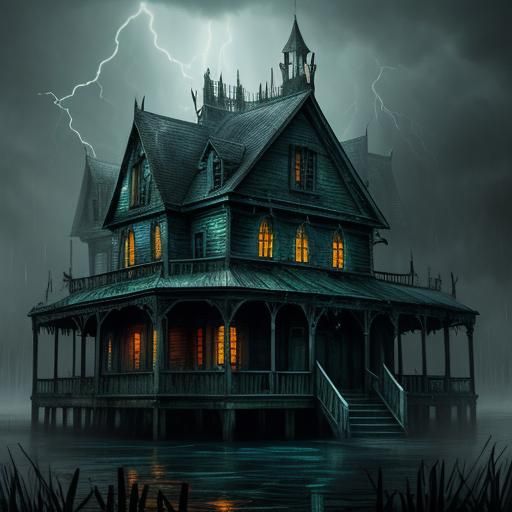 Haunted Bayou House in Lightning Storm: Hyperrealistic Art