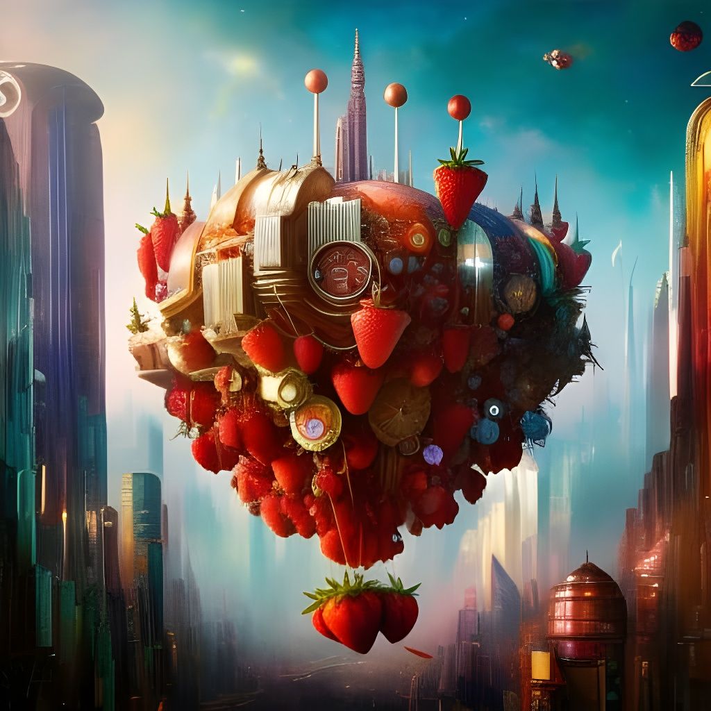Whimsical Strawberry Spaceship Over Cityscape