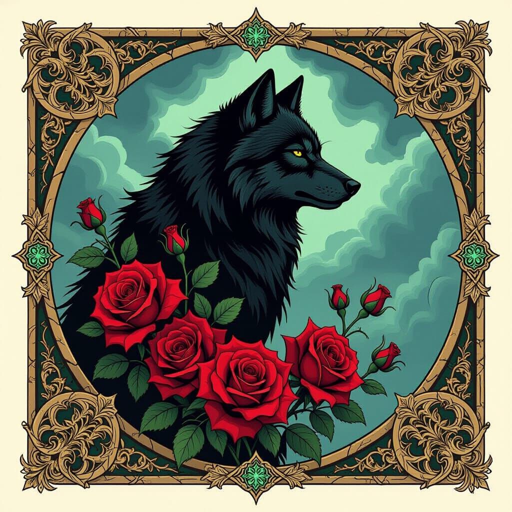 Gothic Family Crest with Wolf and Roses