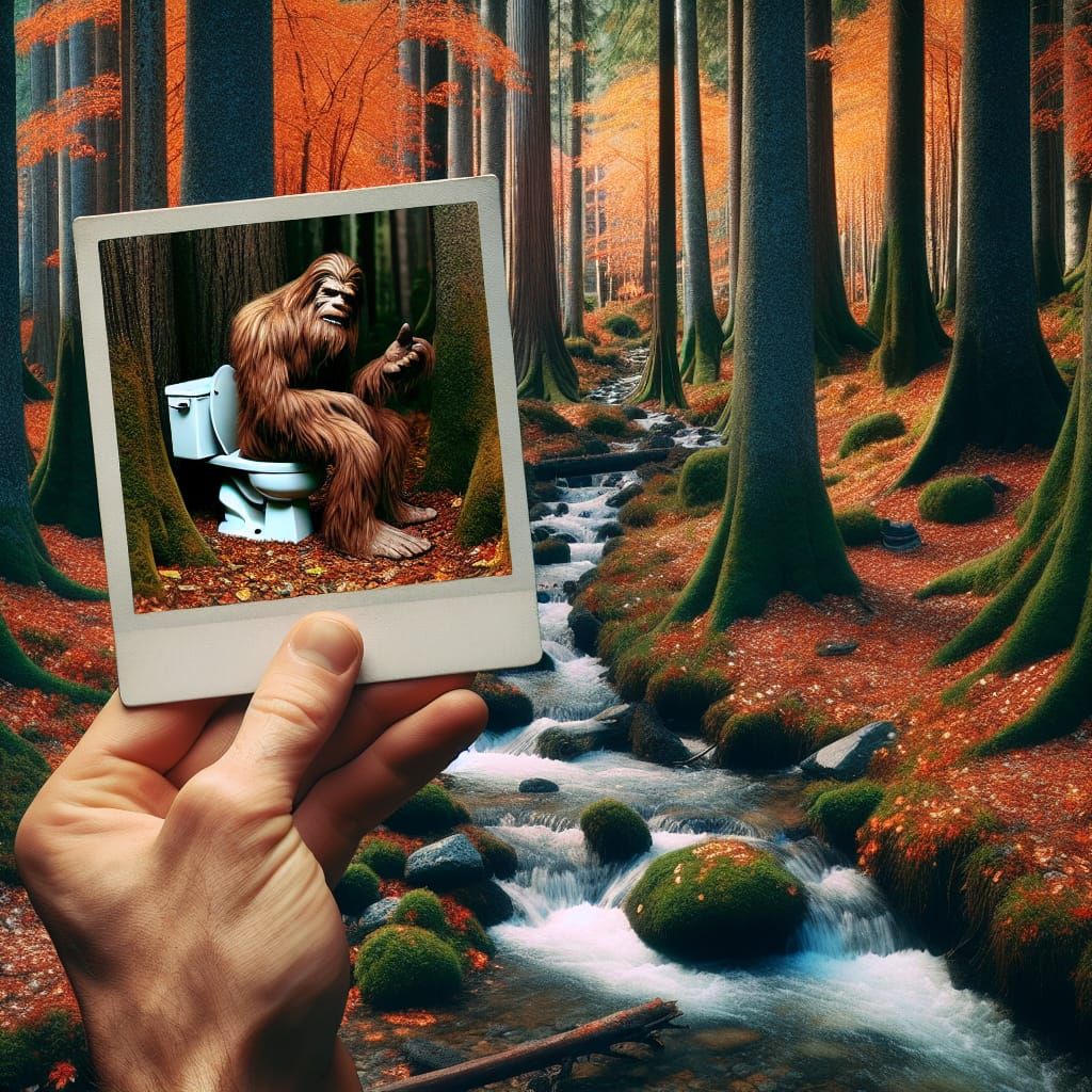 Bigfoot on Toilet Polaroid in Forest