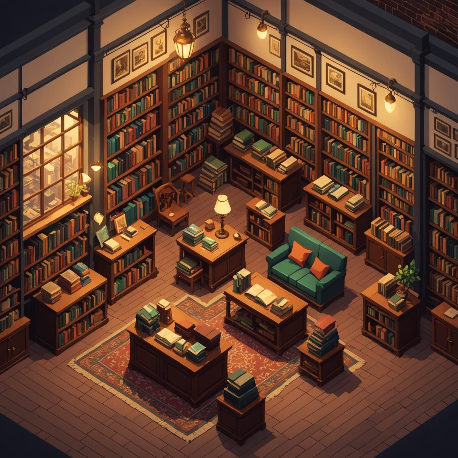 Cozy Old Bookstore Interior in Isometric Pixel Art
