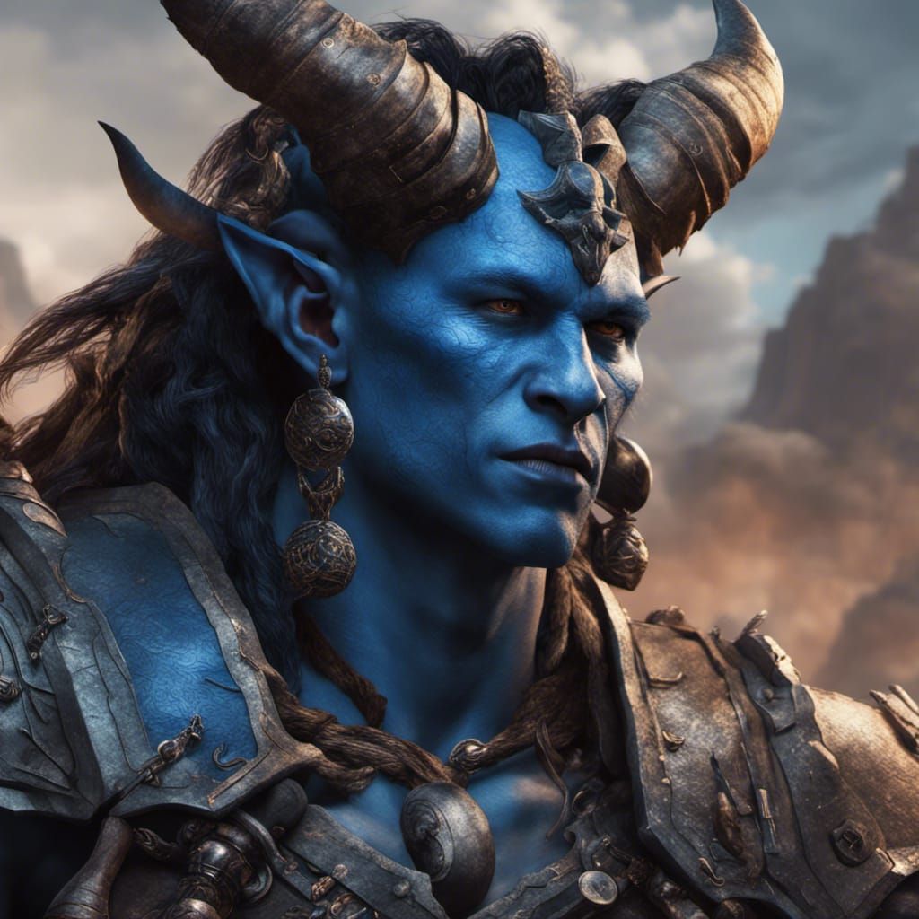 Blue Tiefling Barbarian Portrait in Fantasy Concept Art