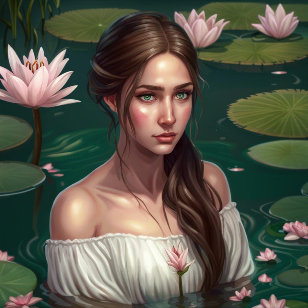 Woman with Lilies in Pond, 8k Resolution