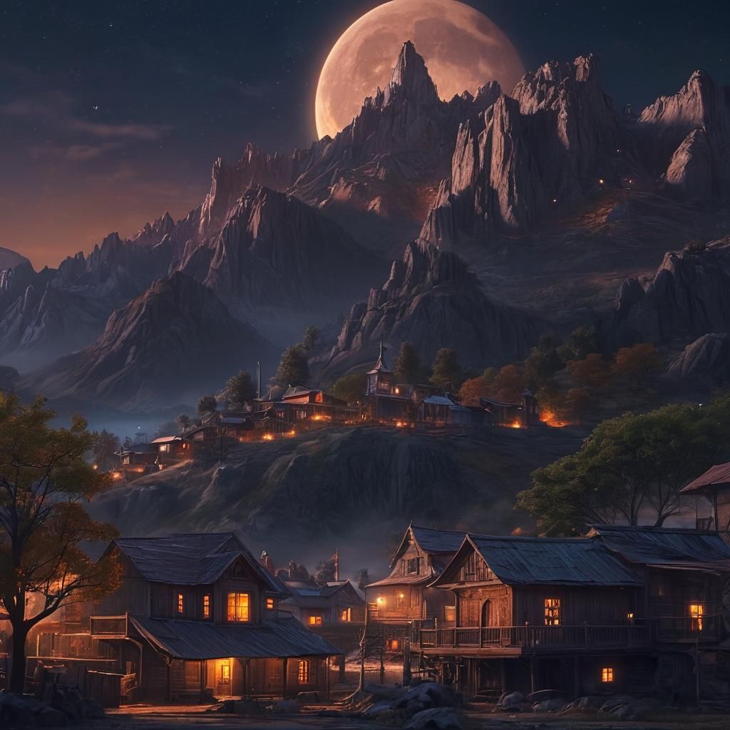 Texas Mountain Town Under a Full Moon: Digital Matte Paintin...