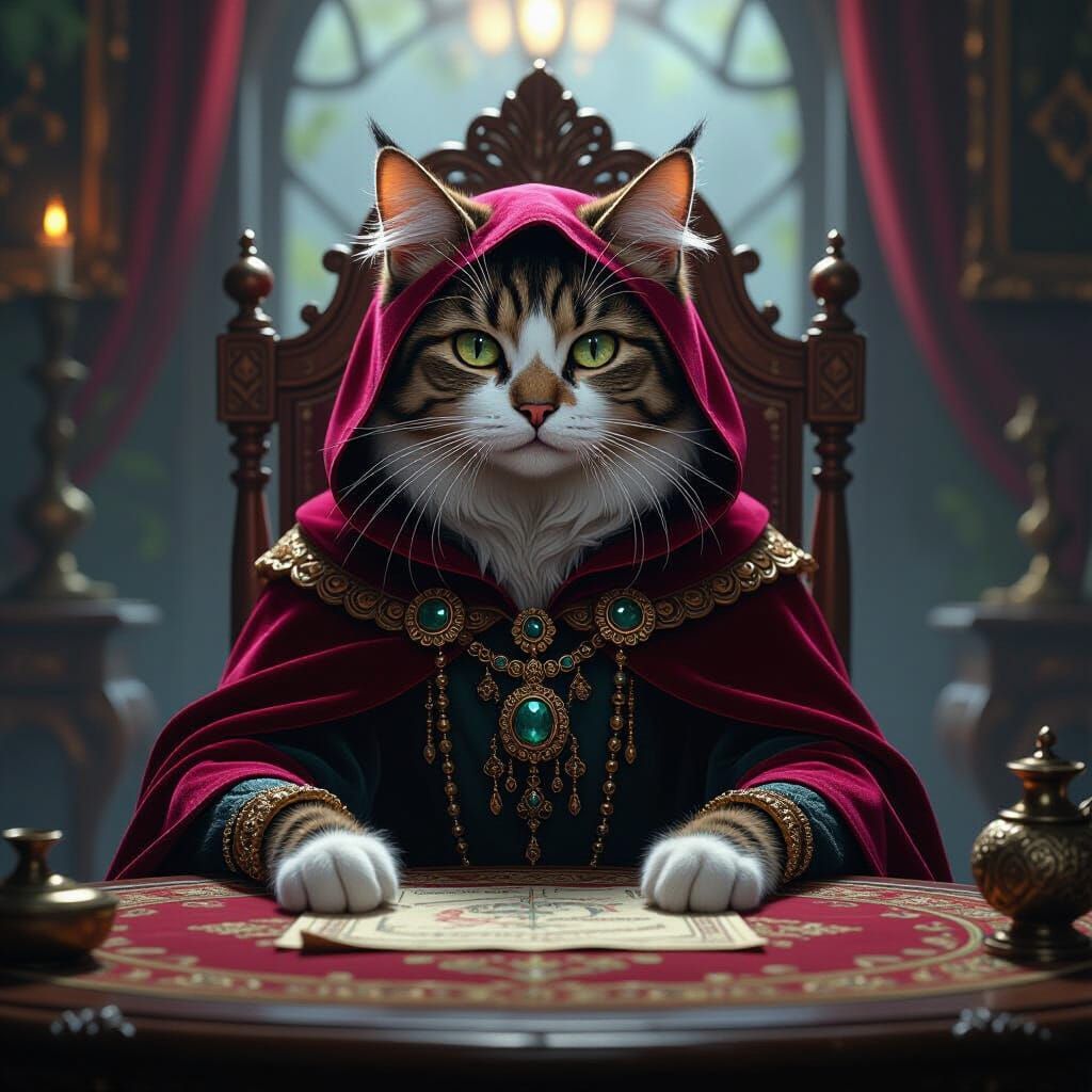 Mystical Cat Fortune Teller in Dreamlike Vintage Style